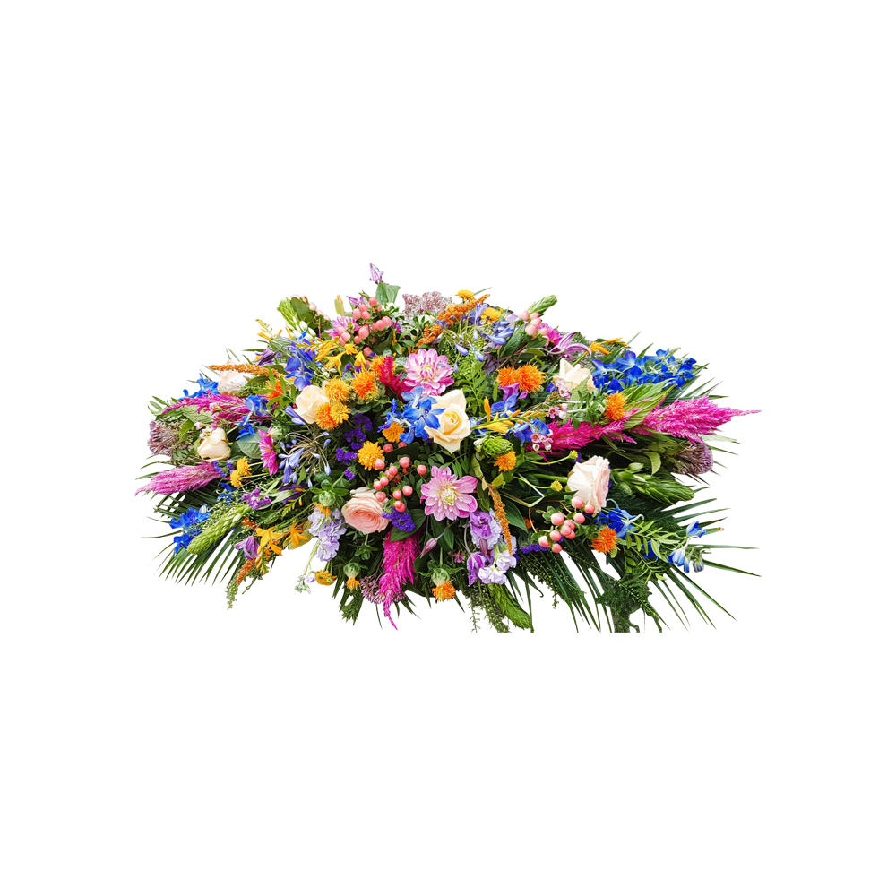 rouwstuk veldboeket-Rouwstuk bont -bloemen surinaamse begrafenis- rouwstuk kleur - door Florali creations Delfte kleuren-