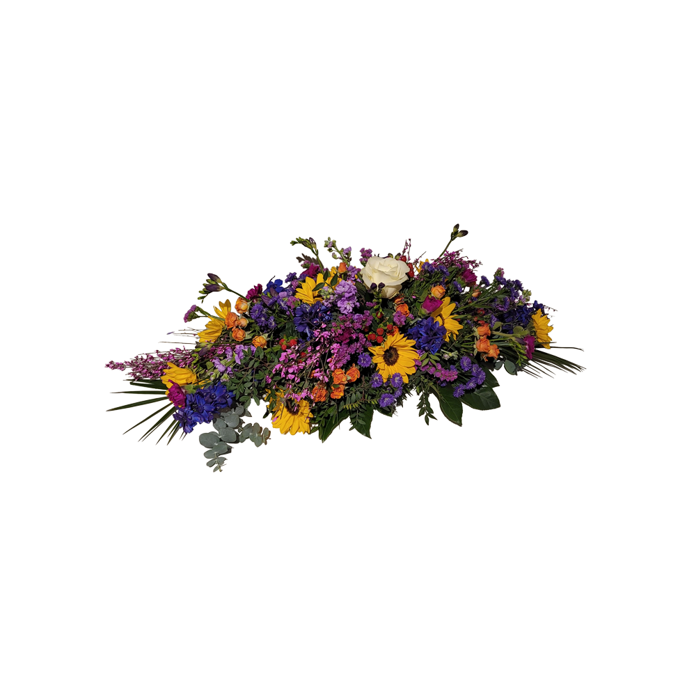 rouwboeket bestellen met lint- rouwboeket zonnebloemen-veldboeket rouwstuk-- door Florali Creations Delft
