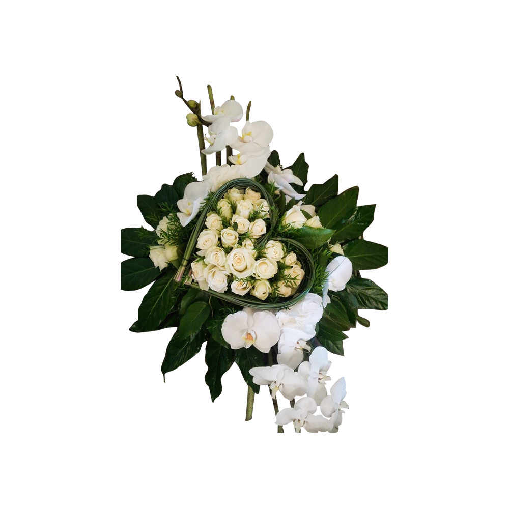 rouwboeket hart-rouwstuk wit-rouwstuk met lint-rouwstuk hart-bloemstuk hart- rouwboeket orchidee- Door Florali Creations- Delft