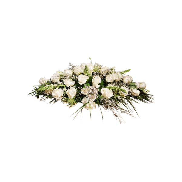 rouwstuk met lint-rouwboeket witte rozen-rouwstuk wit- door Florali Creations Delft