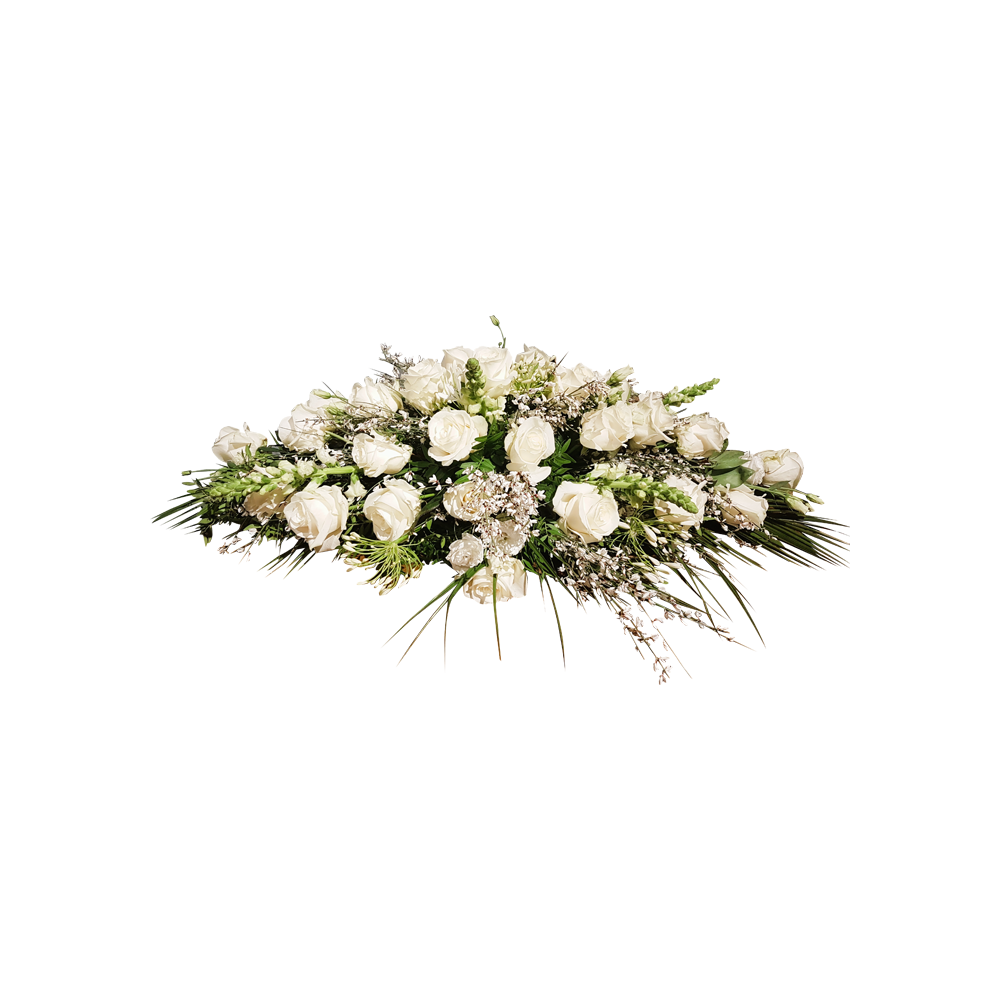rouwstuk met lint-rouwboeket witte rozen-rouwstuk wit- door Florali Creations Delft