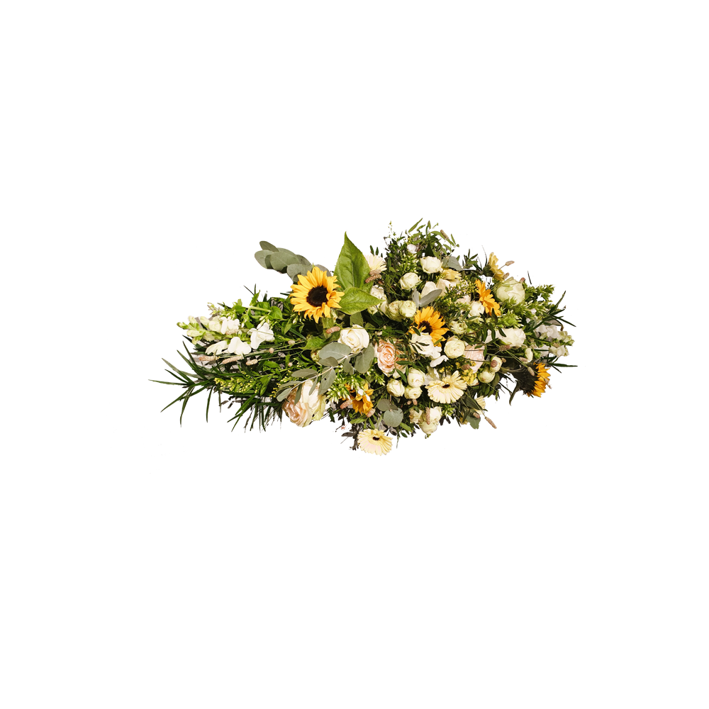 rouwstuk wit-rouwboeket veldbloeme-rouwboeket zonnebloemen - door Florali Creations Delft-Delftgauw-