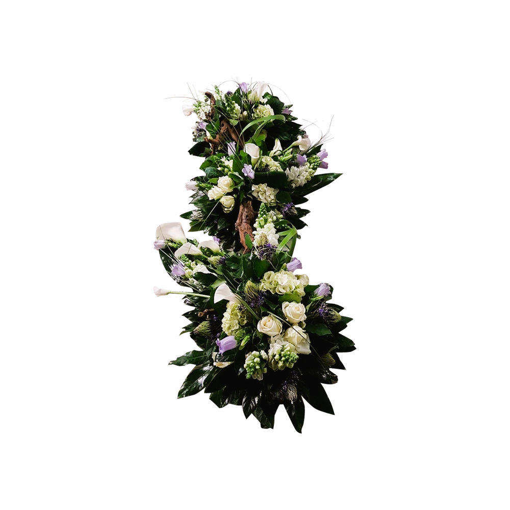 rouwboeket bestellen met lint- rouwstuk wit-bloemen voor op kist- rouwboeket wit-door Florali Creations