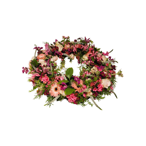 veldboeket rouwstuk-rouwboeket roze-rouwstuk roze en wit -rouwstuk met lint-rouwstuk krans-bloemstuk krans- rouwboeket krans- Door Florali Creations- Delft