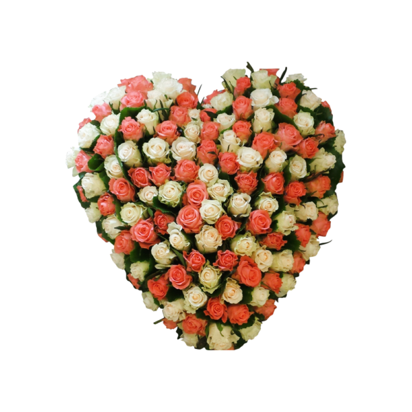 rouwboeket hart-rouwstuk roze en wit -rouwboeket rode rozen-rouwstuk met lint-rouwstuk hart-bloemstuk hart- rouwboeket hart- Door Florali Creations- Delft