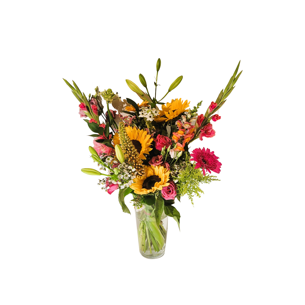 Boeket zonnebloem - roze en geel - herfstbloemen - zachte kleuren-cosy touch xl -door Florali Creations