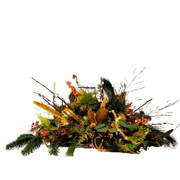 kerststuk langwerpig, oranje-oker natuurlijk - Florali Creations - Delfgauw