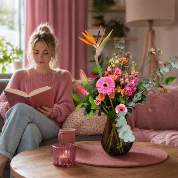 Eigenwijs boeket - oranje en roze bloemen - sfeer afbeelding - Florali Creations - Delfgauw