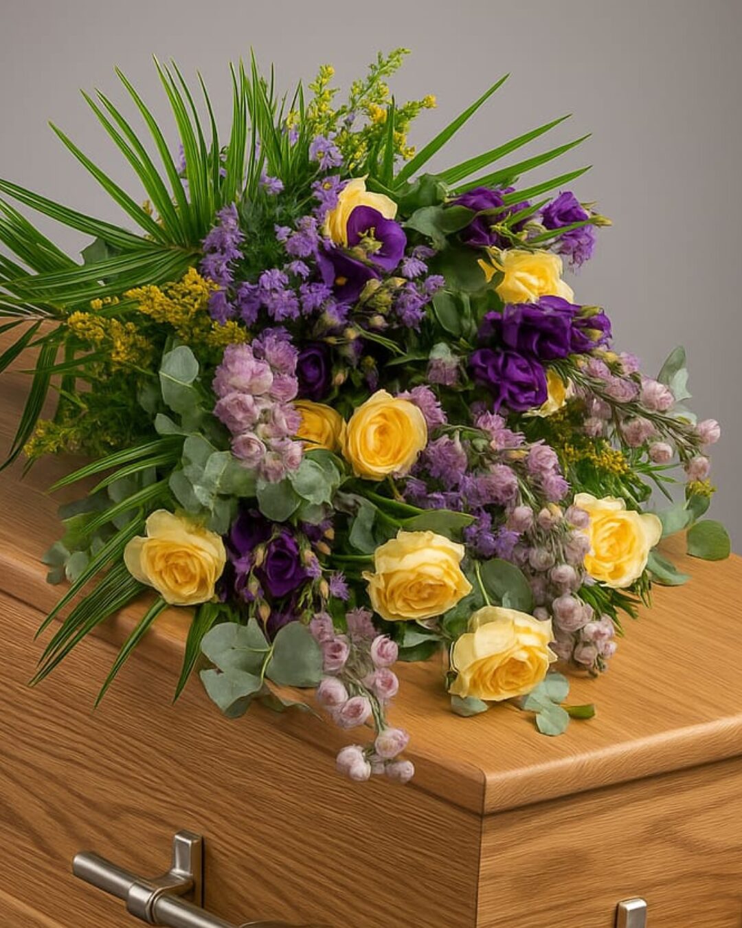 Rouwboeket geel paars om rouwkist Florali Creations Delfgauw - rouwbloemspecialist