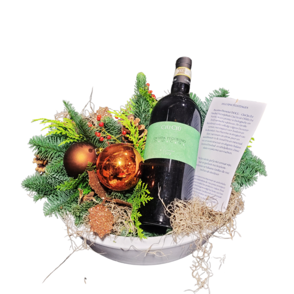 Feestelijk & Luxe | Kerststuk met Wijn in Ronde Schaal - Florali Creations - Delfgauw